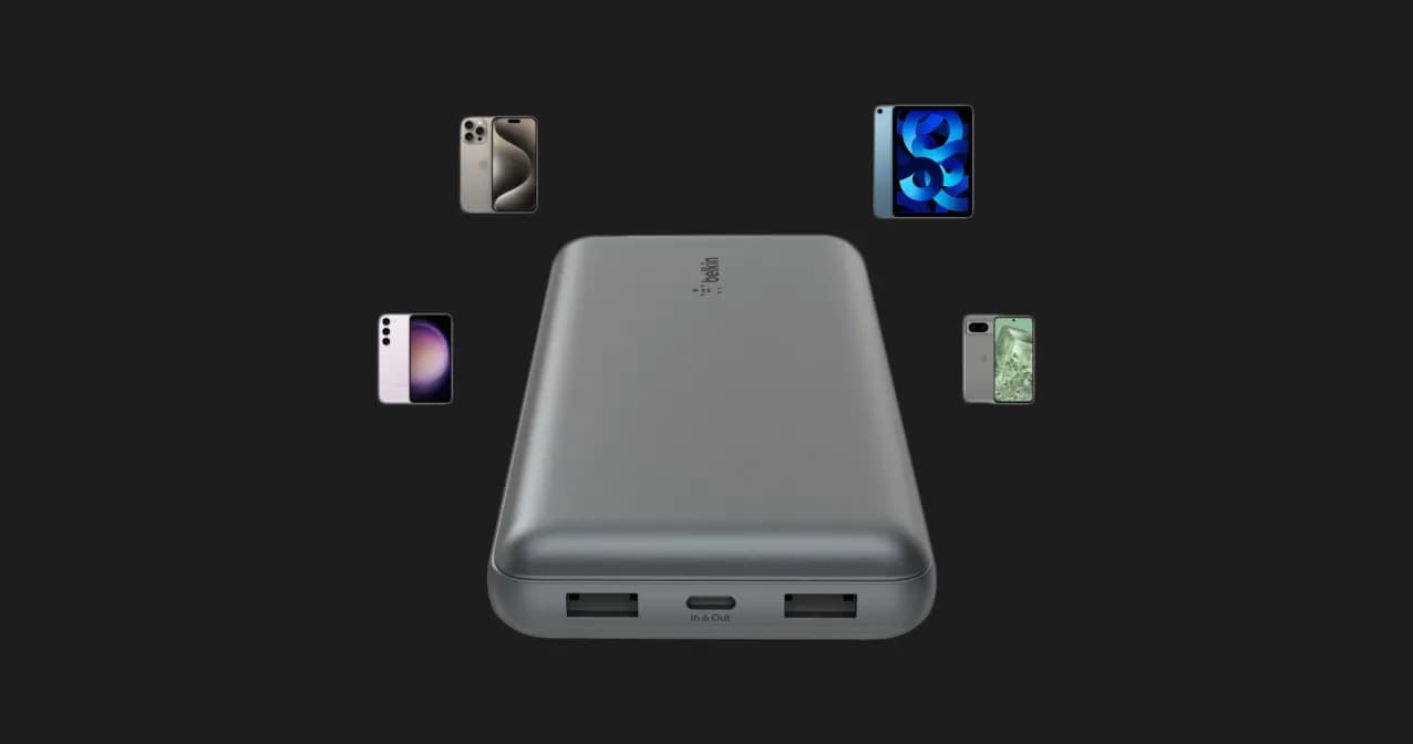 Портативный аккумулятор Power Bank Belkin 20000mAh, 15W, Dual USB-A, USB-C (Black)