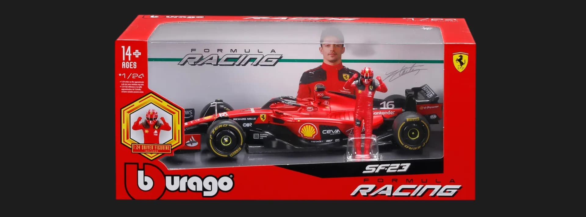 Автомодель с фигуркой Bburago Race — Ferrari SF-23 в ассортименте (1:24) (18-26809)