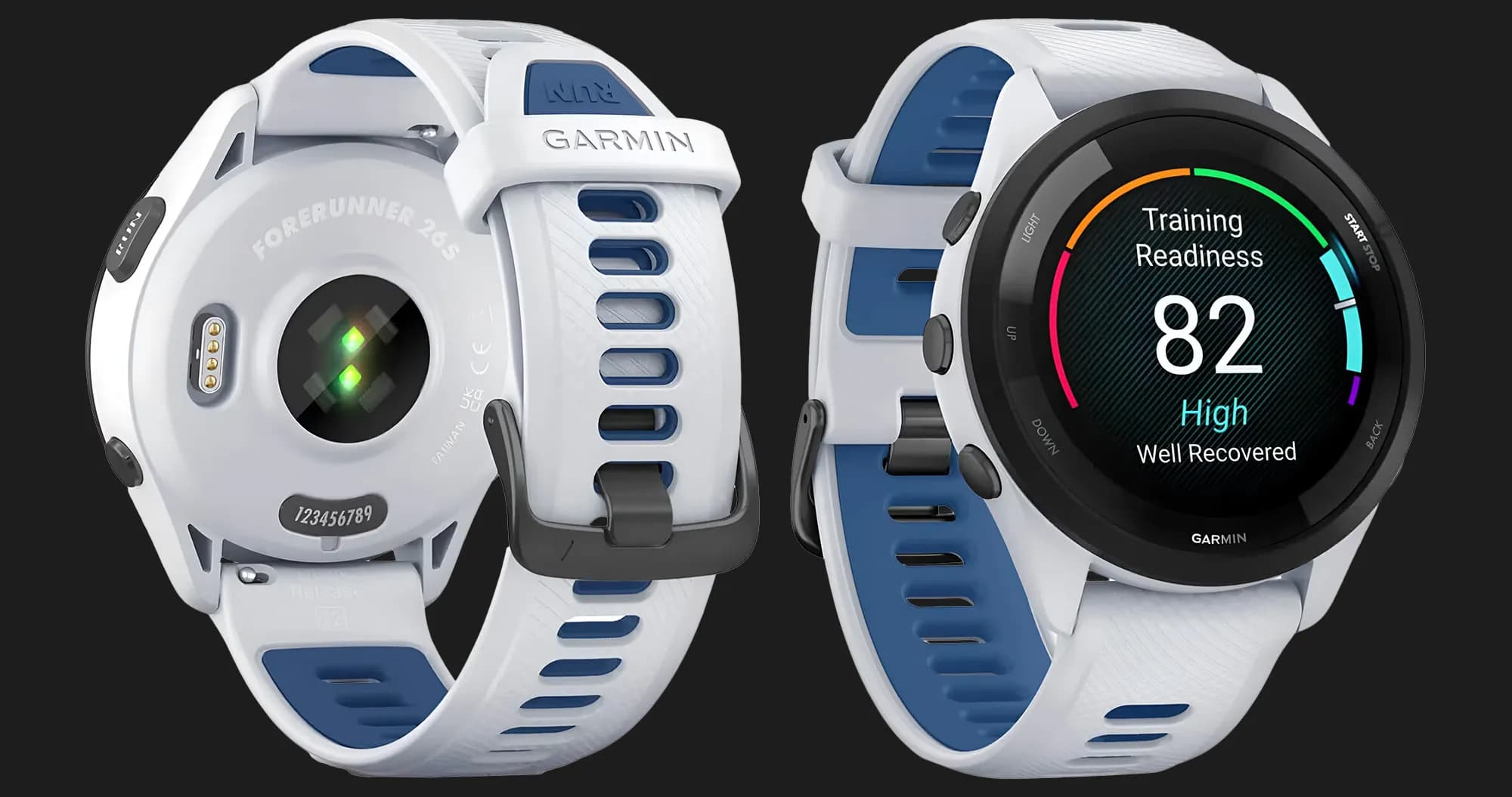 Garmin Forerunner 265 Black Bezel with Whitestone Case and Whitestone/Tidal Blue Silicone Band