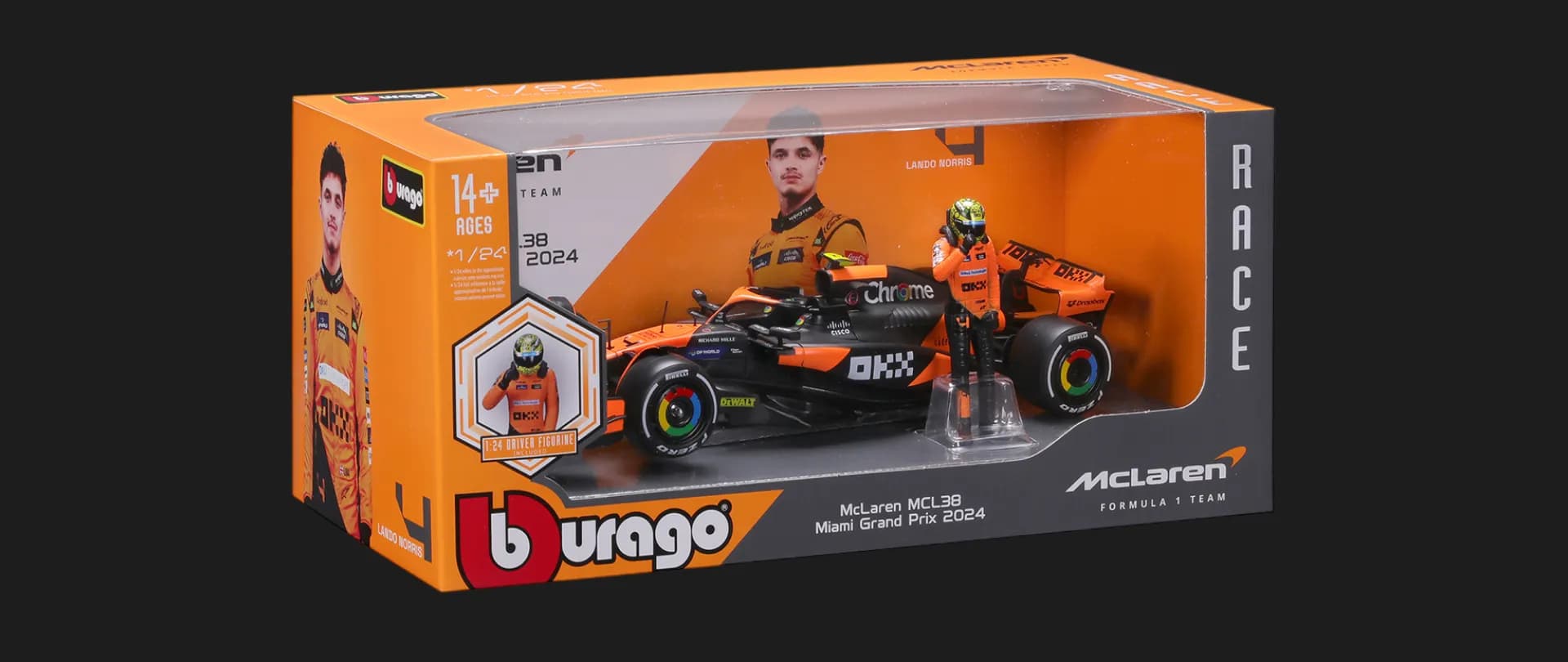 Автомодель с фигуркой Bburago Race — McLaren MCL38 в ассортименте (1:24) (18-28040)