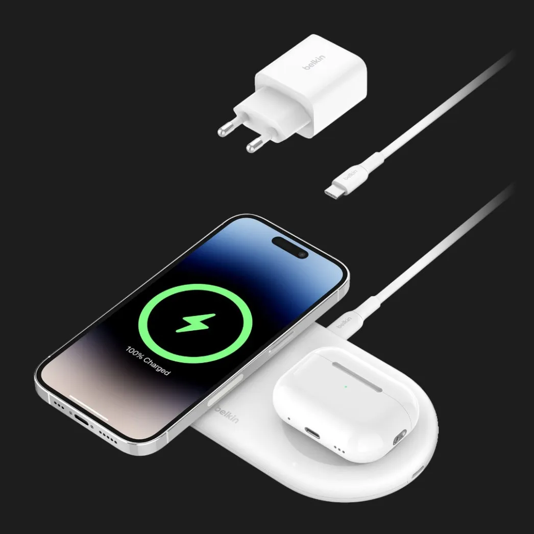 Беспроводная зарядка Belkin 2в1 15 Вт Pad Qi2, White