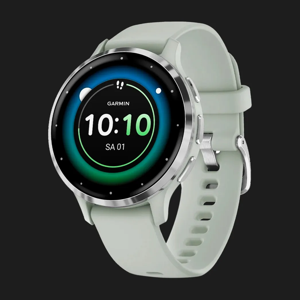 Garmin Venu 3S Silver Stainless Steel Bezel with Sage Gray Case and Silicone Band