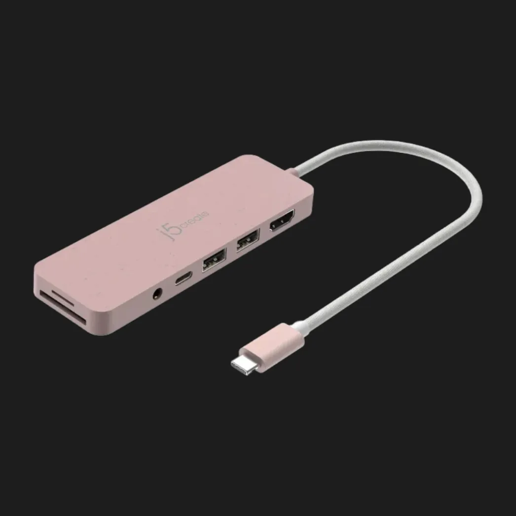 Адаптер J5create USB-C 6-in-1 (2xUSB 3.2 + USB-C PD + HDMI 4K + SD/TF + 3.5mm), Rose