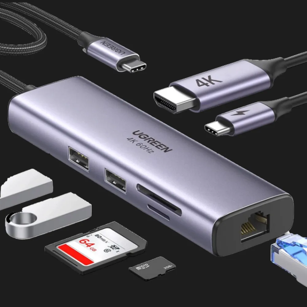 Переходник UGREEN CM512 USB Type-C to 2xUSB3.0+HDMI+RJ45+SD&TF +PD Port Converter