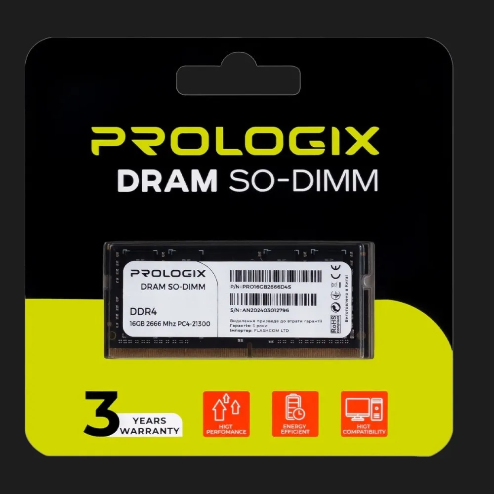 Оперативная память Prologix SO-DIMM DDR4 1x16GB 2666MHz (PRO16GB2666D4S)