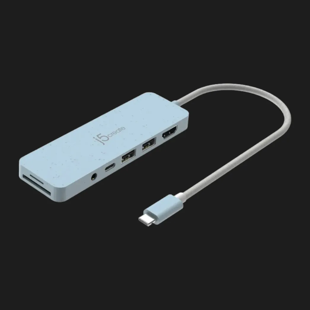 Адаптер J5create USB-C 6-in-1 (2xUSB 3.2 + USB-C PD + HDMI 4K + SD/TF + 3.5mm) (Cyan)